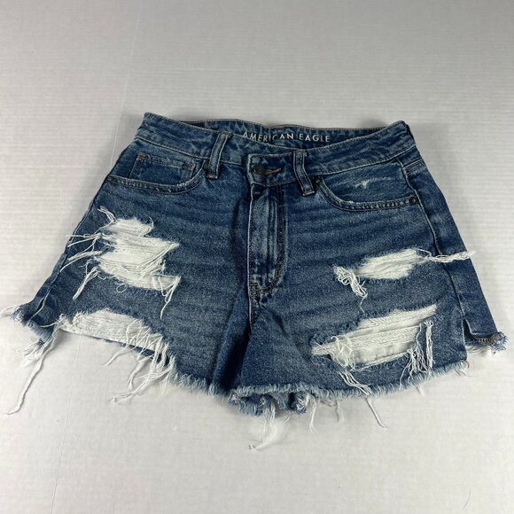 American Eagle Shorts Women's 27* Mom Shorts Blue Cut Off Distressed Denim Tag 2 - Picture 1 of 16